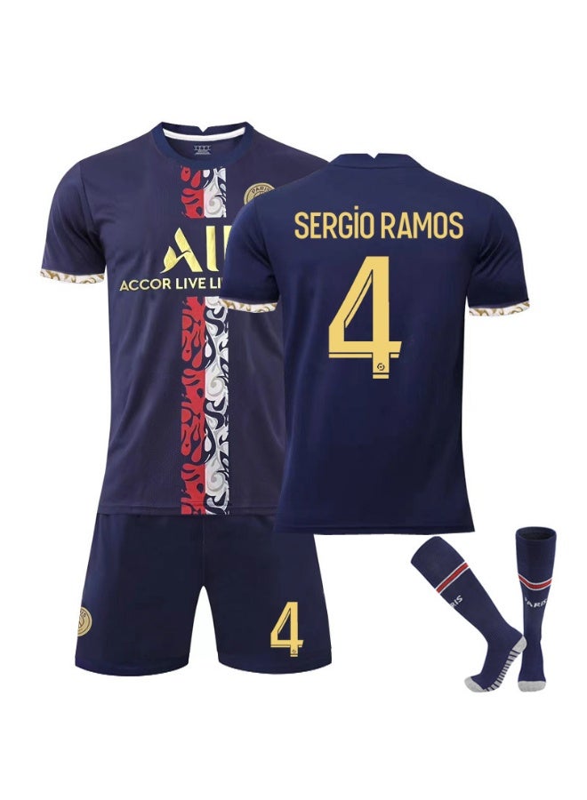 PSG 2022-2023 الموسم #4 سيرجيو راموس لكرة القدم جيرسي السراويل الجوارب مجموعة حجم الأطفال وحجم الكبار ، هدية للجماهير والأصدقاء - Image 1